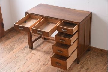 アンティーク家具　タモ材!古い木製のシンプルなアンティーク薄型片袖机