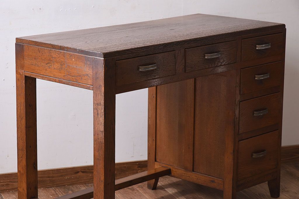 アンティーク家具　タモ材!古い木製のシンプルなアンティーク薄型片袖机
