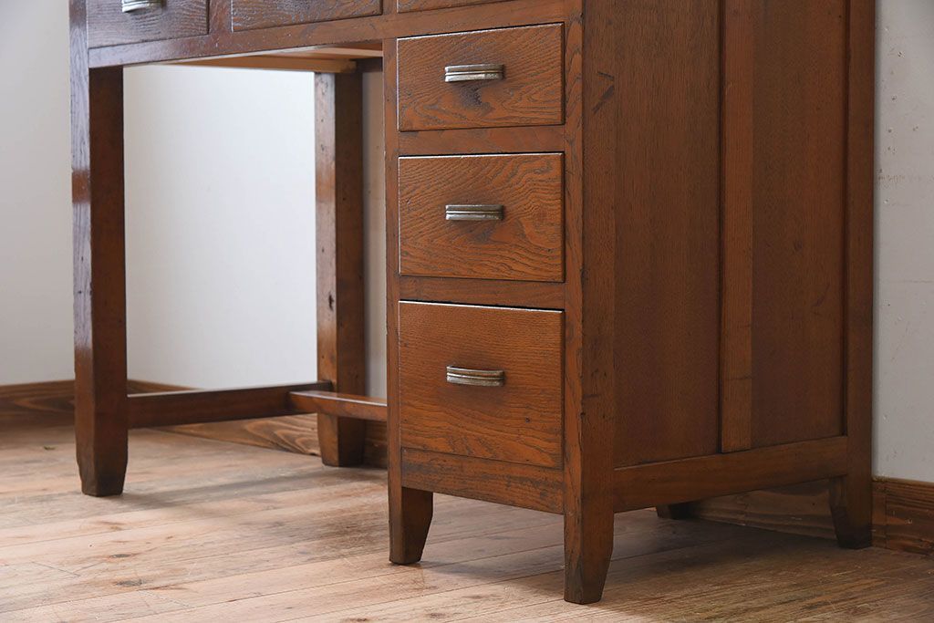 アンティーク家具　タモ材!古い木製のシンプルなアンティーク薄型片袖机