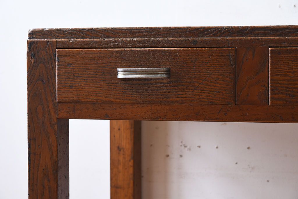 アンティーク家具　タモ材!古い木製のシンプルなアンティーク薄型片袖机