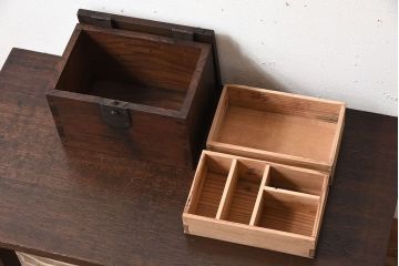 アンティーク雑貨　総欅材　明治期の古い金具付き!アンティーク硯箱(小箱・木箱)