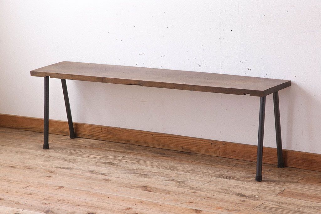 アンティーク家具　天板一枚板　朴の木　シンプルな鉄脚ベンチ