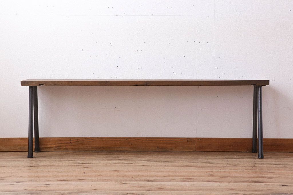 アンティーク家具　天板一枚板　朴の木　シンプルな鉄脚ベンチ