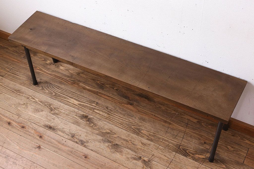 アンティーク家具　天板一枚板　朴の木　シンプルな鉄脚ベンチ