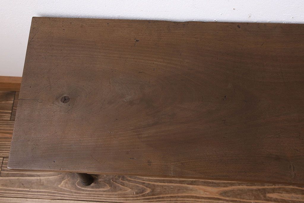 アンティーク家具　天板一枚板　朴の木　シンプルな鉄脚ベンチ