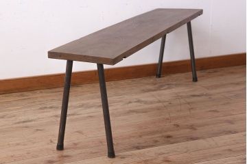 アンティーク家具　天板一枚板　朴の木　シンプルな鉄脚ベンチ