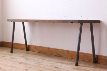 アンティーク家具　天板一枚板　朴の木　シンプルな鉄脚ベンチ