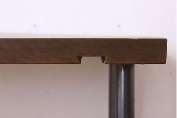 アンティーク家具　天板一枚板　朴の木　シンプルな鉄脚ベンチ