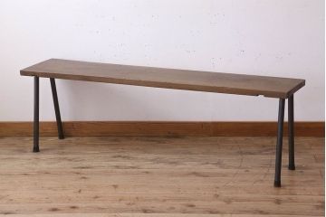 アンティーク家具　天板一枚板　朴の木　シンプルな鉄脚ベンチ