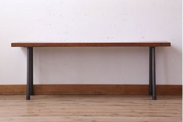 アンティーク家具　天板一枚板　栃の木　シンプルな鉄脚ベンチ