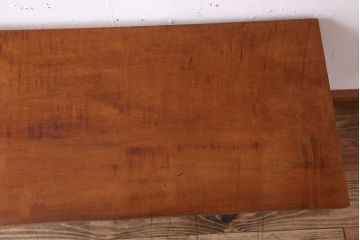 アンティーク家具　天板一枚板　栃の木　シンプルな鉄脚ベンチ