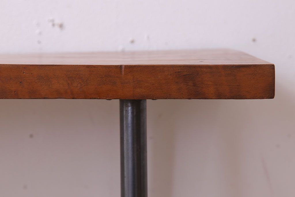 アンティーク家具　天板一枚板　栃の木　シンプルな鉄脚ベンチ