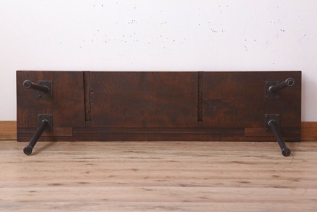 アンティーク家具　天板一枚板　栃の木　シンプルな鉄脚ベンチ