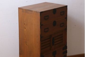 アンティーク家具　前面檜材　丸金具付き　和モダン　縦型のアンティーク帳場箪笥
