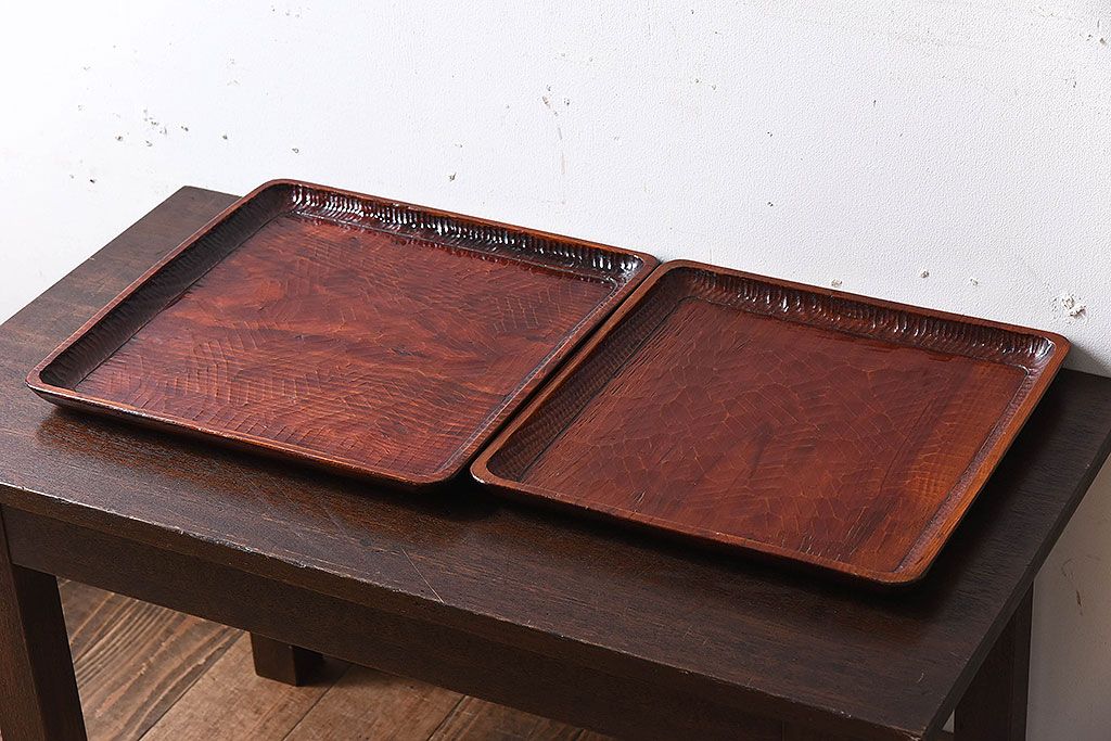 アンティーク　讃岐彫　古い松材のくり貫き角盆(四方盆)5枚セット　② 公式】アンティーク家具ラフジュ工房商品詳細ページアンティーク