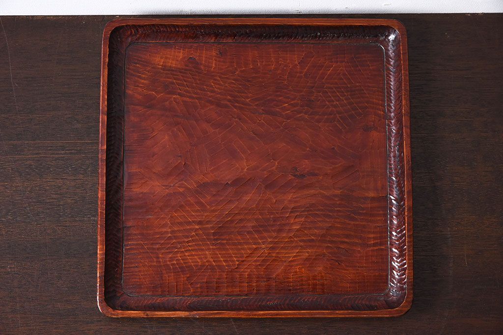 アンティーク　讃岐彫　古い松材のくり貫き角盆(四方盆)5枚セット　① アンティーク 讃岐彫 古い松材のくり貫き角盆(四方盆)5枚セット