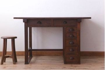 レトロ家具　両面使用可能!レトロな和製アンティークの大ぶりな片袖机(デスク)