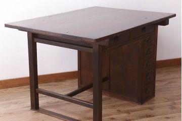 レトロ家具　両面使用可能!レトロな和製アンティークの大ぶりな片袖机(デスク)