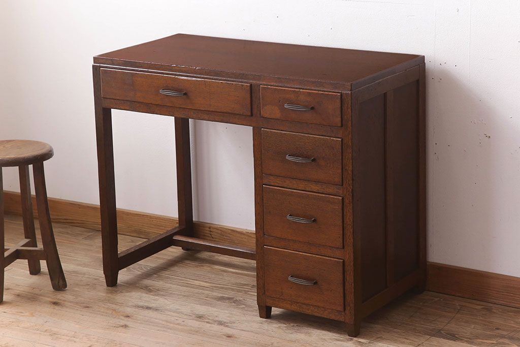 アンティーク家具　古い木製のシンプルなアンティーク薄型片袖机