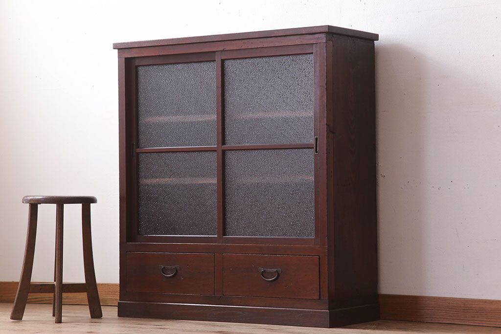 ダイヤガラス戸棚　アンティーク家具　昭和レトロ ジャパンヴィンテージ ダイヤガラス キャビネット 戸棚 収納