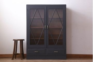 レトロ家具　モールガラス入り　菱型デザインのレトロな本箱(ブックケース)