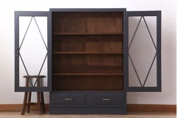 レトロ家具　モールガラス入り　菱型デザインのレトロな本箱(ブックケース)