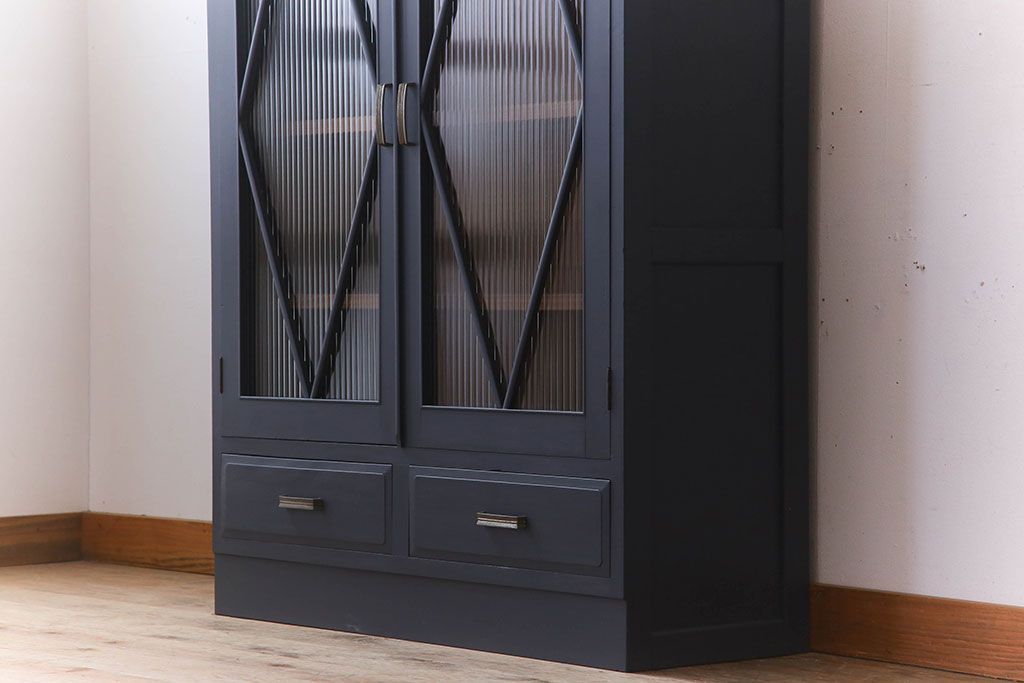 レトロ家具　モールガラス入り　菱型デザインのレトロな本箱(ブックケース)