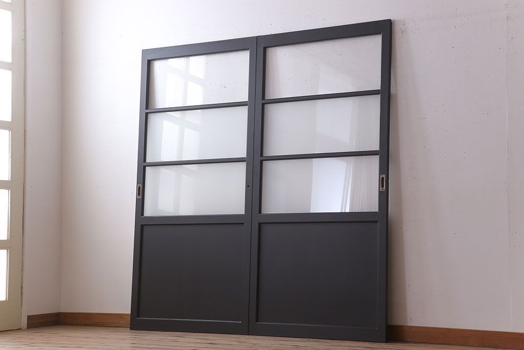 アンティーク　背が高いペイントガラス戸2枚セット