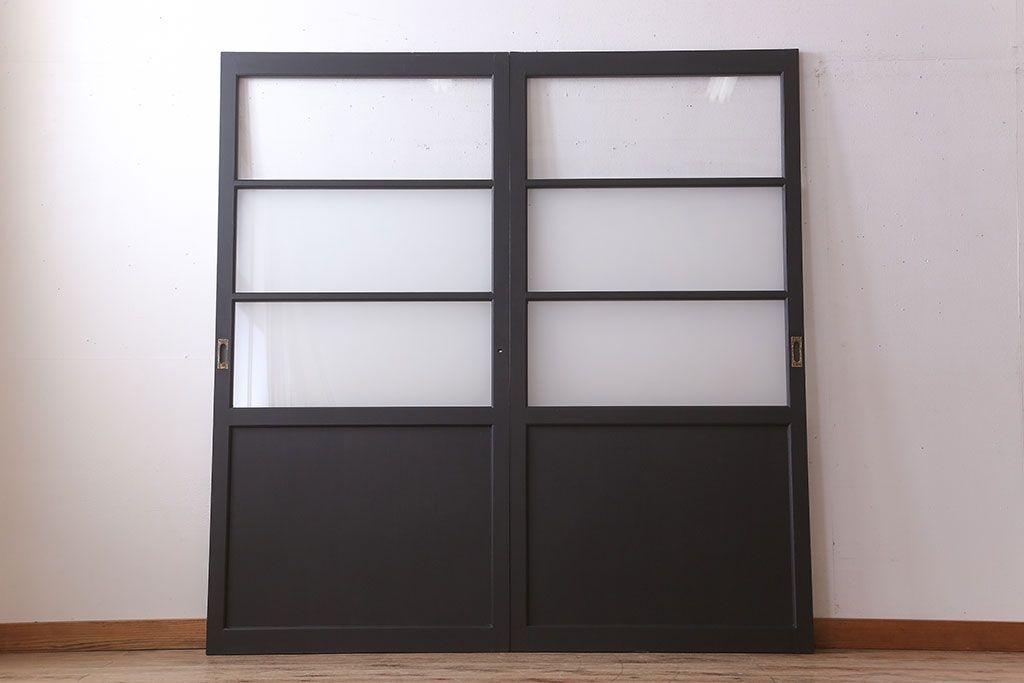 アンティーク　背が高いペイントガラス戸2枚セット