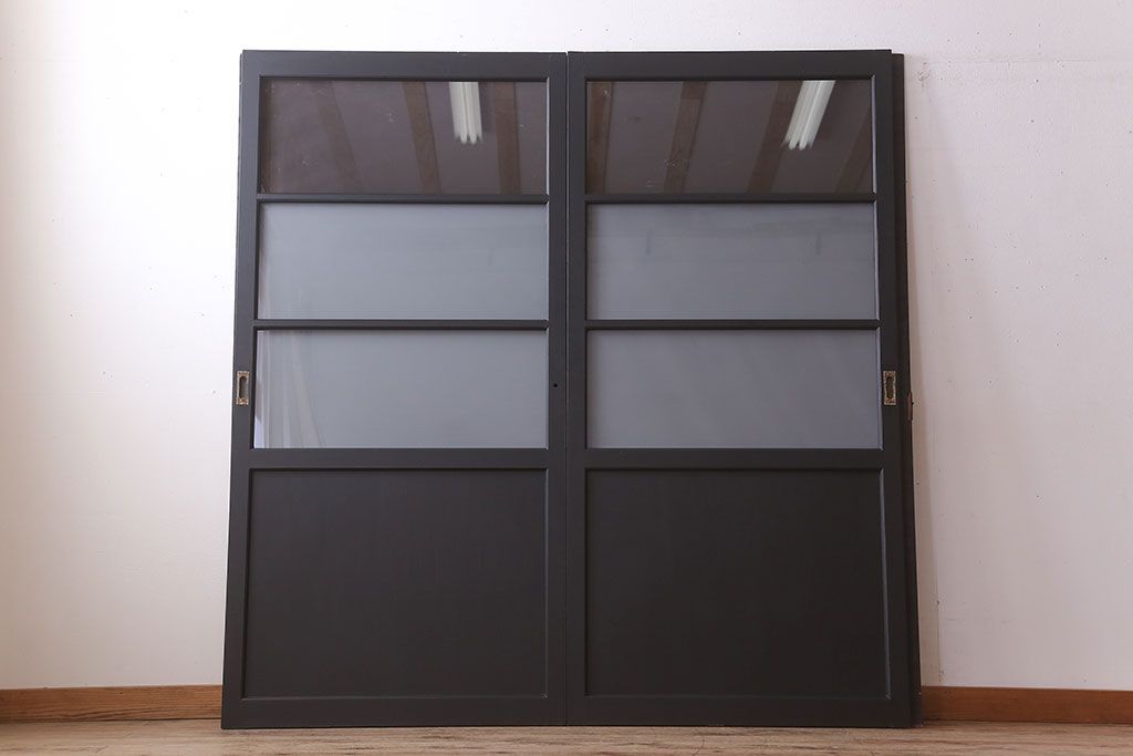 アンティーク　背が高いペイントガラス戸2枚セット