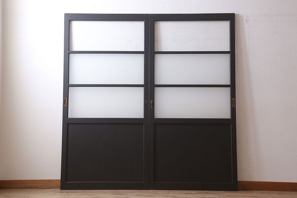 アンティーク　背が高いペイントガラス戸2枚セット