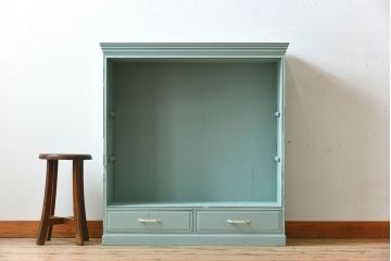 アンティーク家具　オリーブグリーンペイントの小さな収納棚