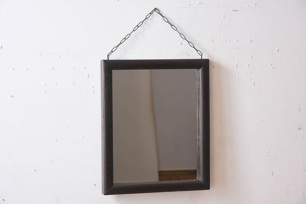 アンティーク雑貨　古い木製フレームのアンティーク壁掛けミラー