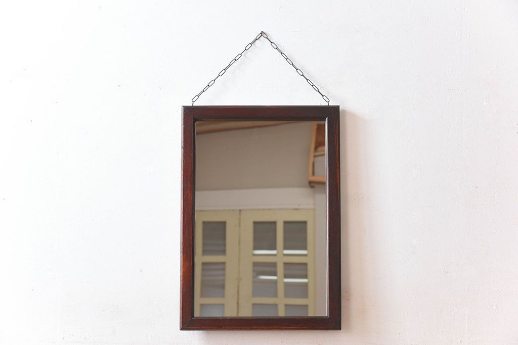 アンティーク雑貨　古い木製フレームのアンティーク壁掛けミラー(2)