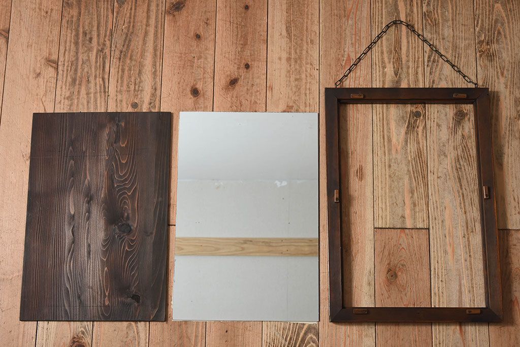 アンティーク雑貨　古い木製フレームのアンティーク壁掛けミラー(2)