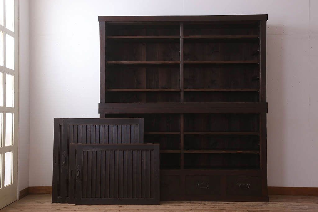 アンティーク家具　古民具・骨董　明治大正期　六尺　縦桟引き戸の重ね水屋箪笥