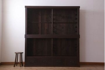 アンティーク家具　古民具・骨董　明治大正期　六尺　縦桟引き戸の重ね水屋箪笥