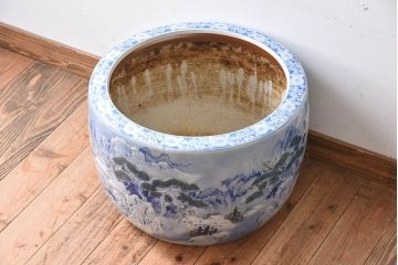 アンティーク雑貨　古民具・骨董　陽刻　山水図　アンティーク瀬戸火鉢