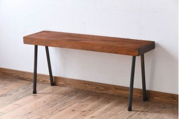 アンティーク家具　 天板一枚板　檜材　シンプルな鉄脚ベンチ(3)