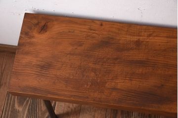 アンティーク家具　 天板一枚板　檜材　シンプルな鉄脚ベンチ(3)