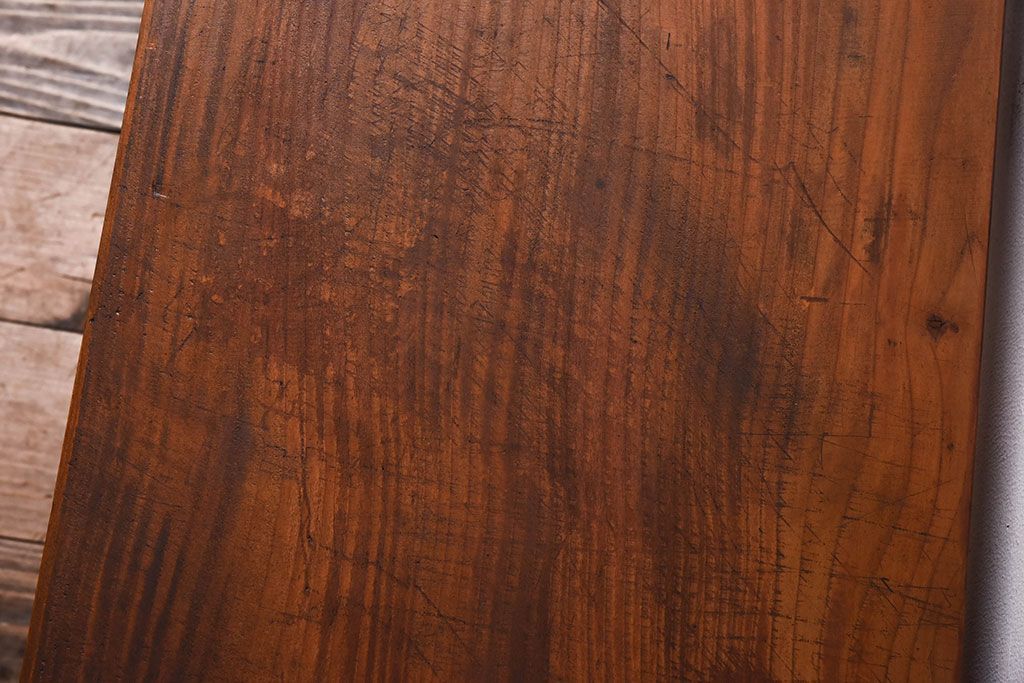 アンティーク家具　 天板一枚板　檜材　シンプルな鉄脚ベンチ(3)