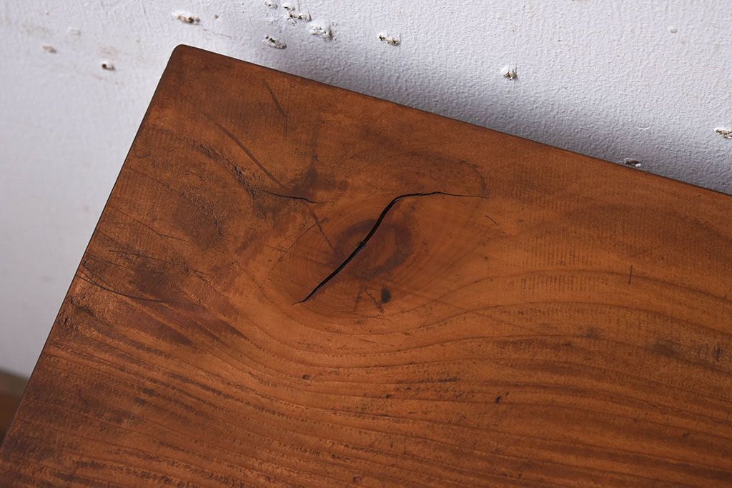 アンティーク家具　 天板一枚板　檜材　シンプルな鉄脚ベンチ(3)