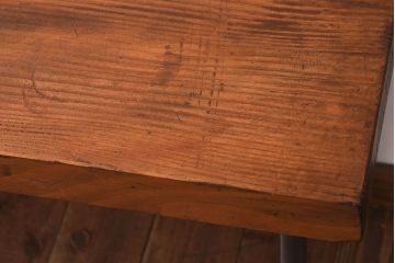 アンティーク家具　 天板一枚板　檜材　シンプルな鉄脚ベンチ(3)