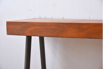 アンティーク家具　 天板一枚板　檜材　シンプルな鉄脚ベンチ(3)