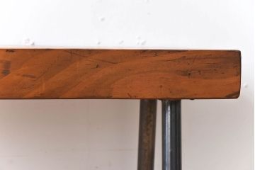 アンティーク家具　 天板一枚板　檜材　シンプルな鉄脚ベンチ(3)