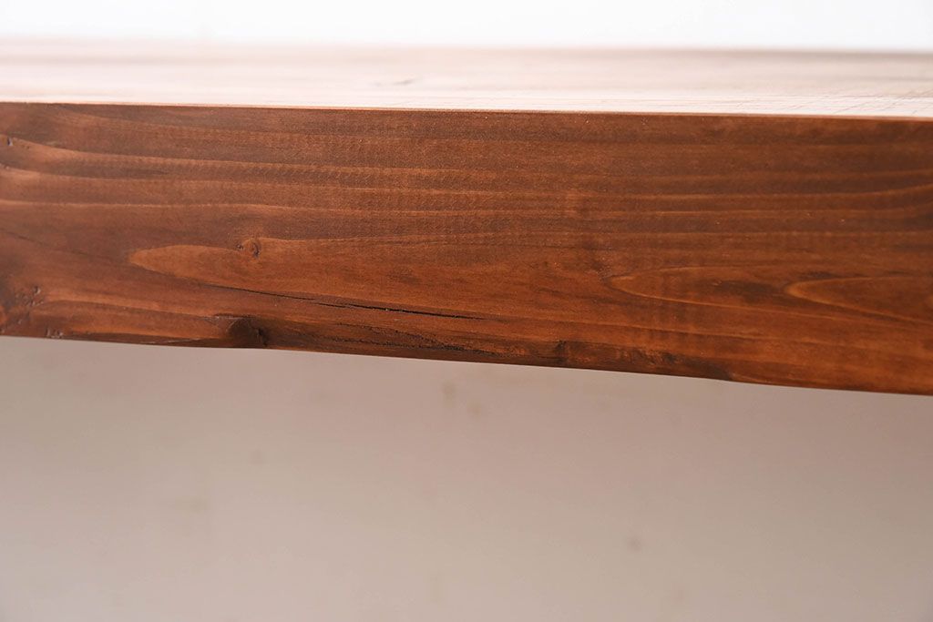 アンティーク家具　 天板一枚板　檜材　シンプルな鉄脚ベンチ(3)