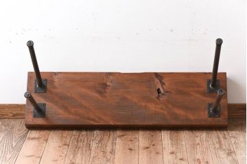 アンティーク家具　 天板一枚板　檜材　シンプルな鉄脚ベンチ(3)