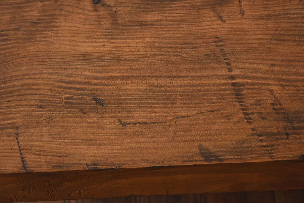 アンティーク家具　天板一枚板　檜材　シンプルな鉄脚ベンチ