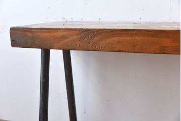 アンティーク家具　天板一枚板　檜材　シンプルな鉄脚ベンチ