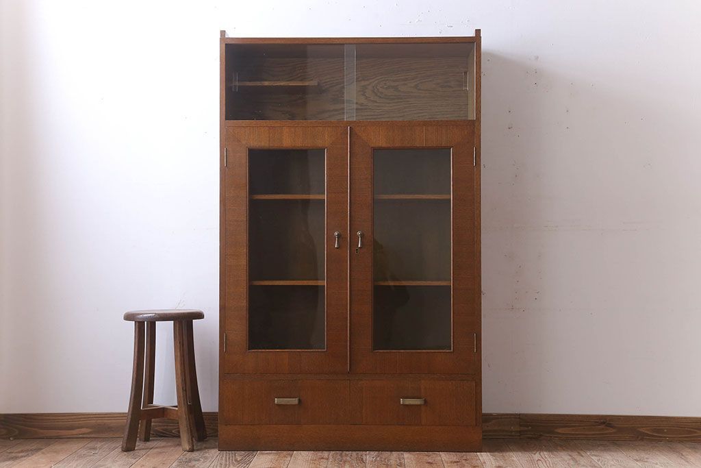 レトロ家具　昭和レトロ　シンプルデザインの古いナラ材製本箱(ブックケース)